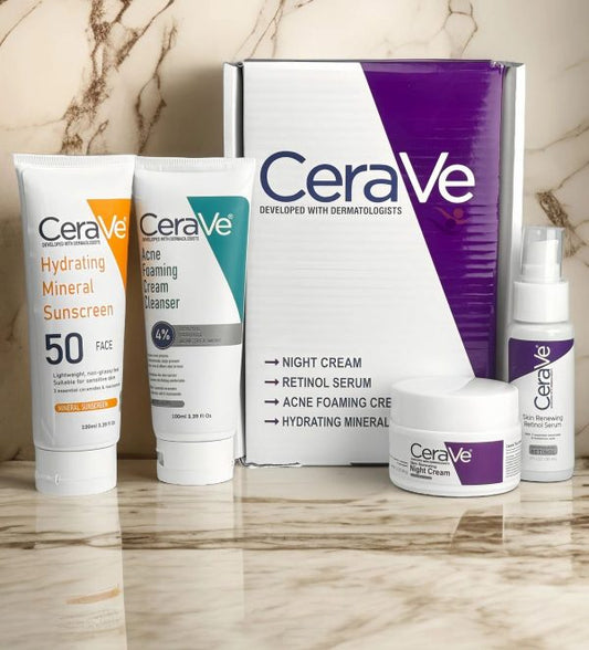 Cerave Skin Care Kit – Night Cream, Retinol Serum, Acne Foaming Cleanser & Hydrating Mineral Sunscreen