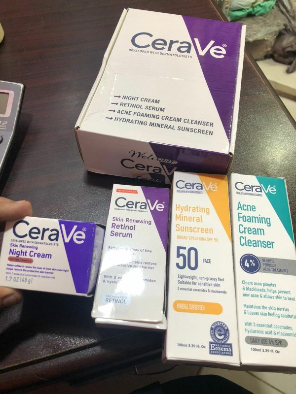 Cerave Skin Care Kit – Night Cream, Retinol Serum, Acne Foaming Cleanser & Hydrating Mineral Sunscreen