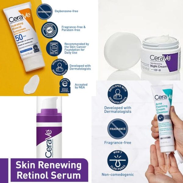 Cerave Skin Care Kit – Night Cream, Retinol Serum, Acne Foaming Cleanser & Hydrating Mineral Sunscreen